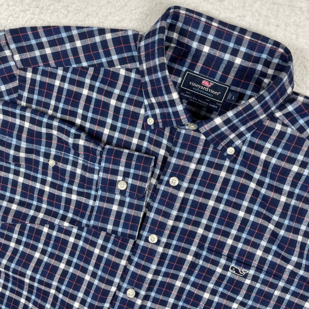 Vineyard Vines Shirt Mens Large Navy Blue Plaid Performance Tucker Button Down